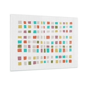 Quadro su vetro - Mosaico colorato di quadrati su sfondo bianco in stile astratto - 70x50cm - Un gioco sconosciuto - Decorazione murale moderna per soggiorno e camera da letto ARTTOR