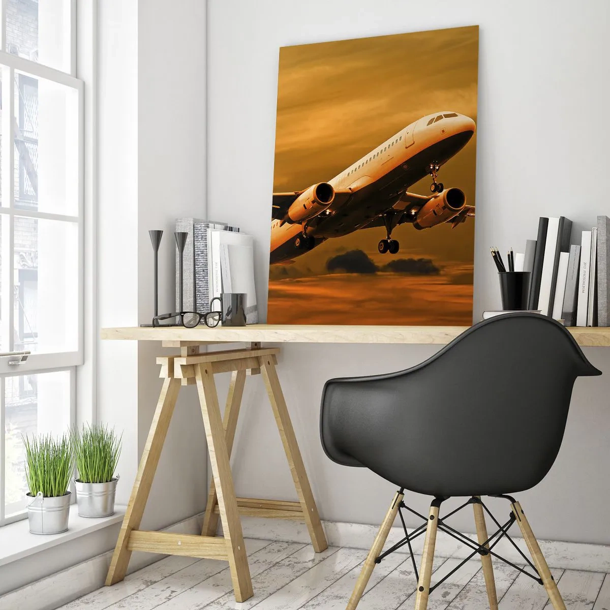 Quadro su vetro - Un aereo che decolla contro un cielo arancione - 50x70cm - In volo verso il sole - Decorazione murale moderna per soggiorno e camera da letto ARTTOR