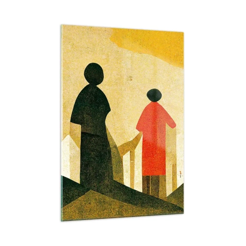 Quadro su vetro - Silhouette geometriche di figure tra forme alte sullo sfondo di un cielo giallo - 50x70cm - La strada è ancora lunga - Decorazione murale moderna per soggiorno e camera da letto ARTTOR
