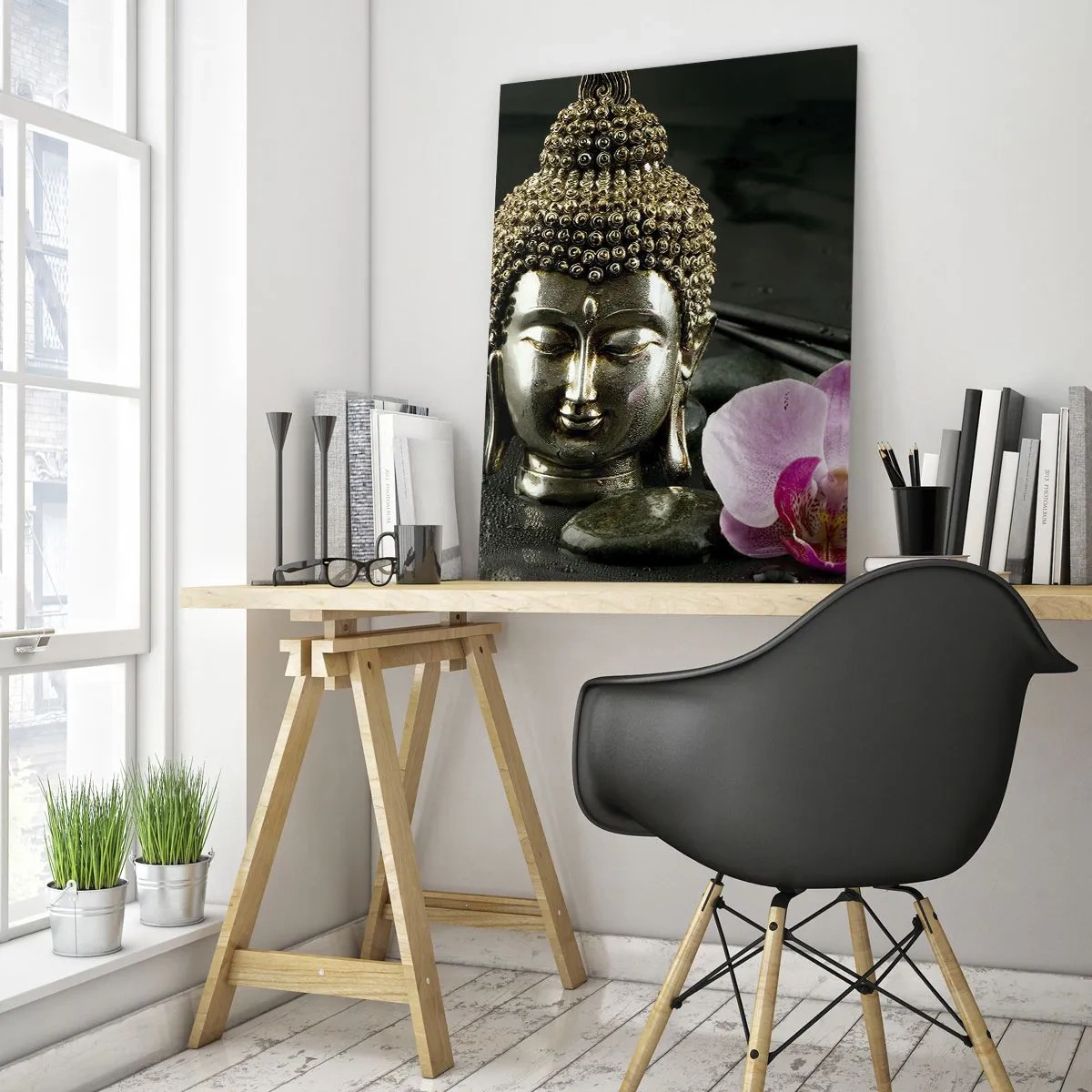 Quadro su vetro - Una statuetta di Buddha con un'orchidea e delle bacchette su uno sfondo di pietre - 80x120cm - Armonia di saggezza e bellezza - Decorazione murale moderna per soggiorno e camera da letto ARTTOR
