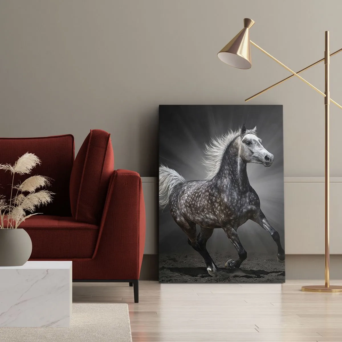 Quadro su tela - Stampe su Tela - Un cavallo bianco al galoppo su uno sfondo scuro - 50x70cm - Grigio è bello - Decorazione murale moderna per soggiorno e camera da letto ARTTOR