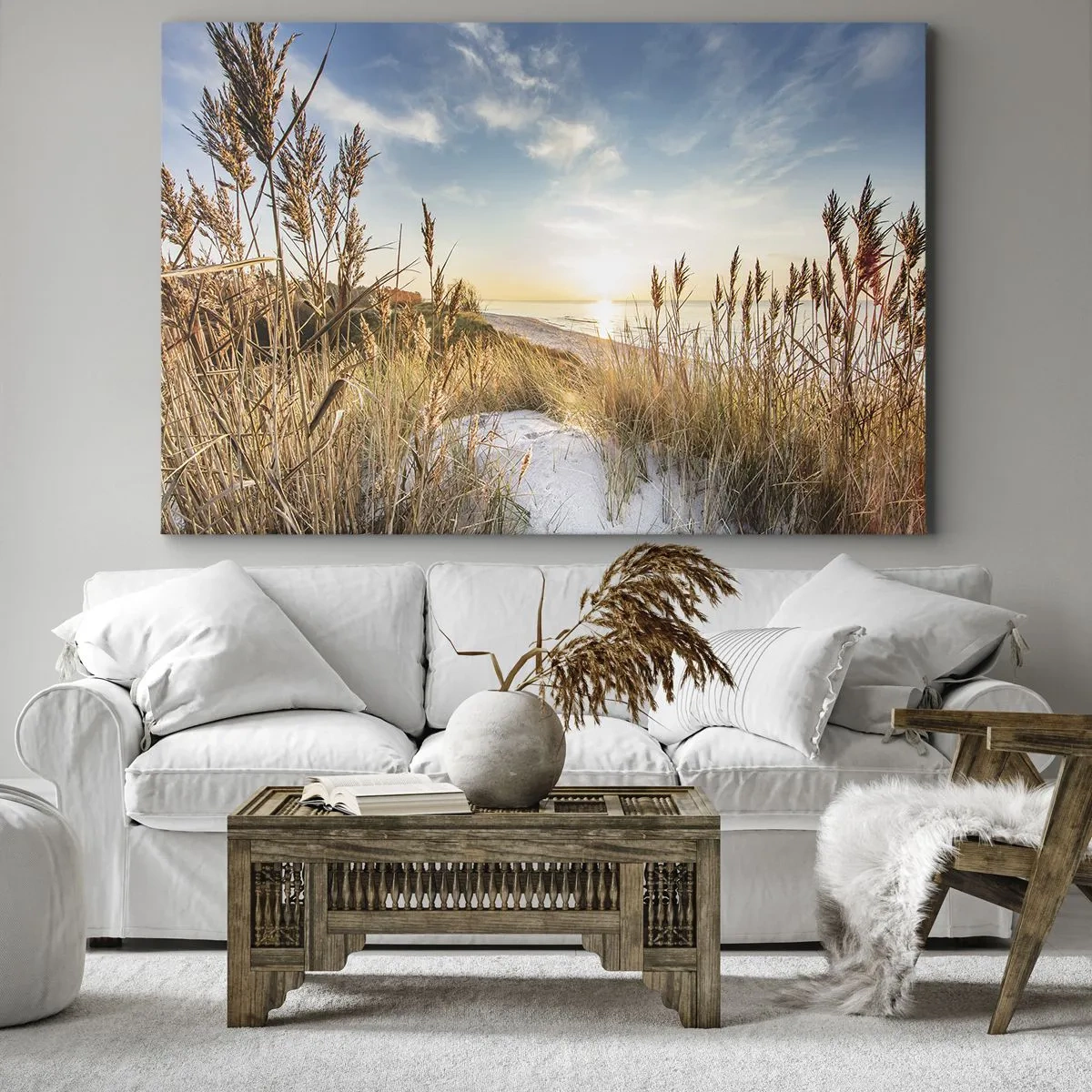Quadro su tela - Stampe su Tela - Una spiaggia pittoresca con erba e il sole al tramonto - 100x70cm - Spiaggia del nord - Decorazione murale moderna per soggiorno e camera da letto ARTTOR