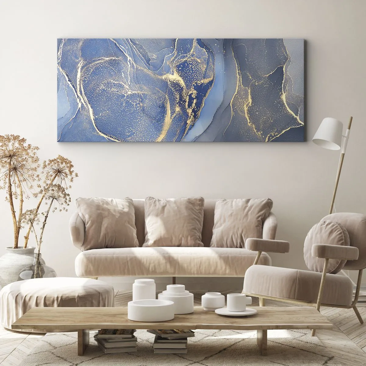 Quadro su tela - Stampe su Tela - Motivi astratti blu con accenti dorati - 120x50cm - Polvere d'oro - Decorazione murale moderna per soggiorno e camera da letto ARTTOR