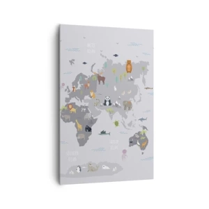 Quadro su tela - Stampe su Tela - Una mappa del mondo con illustrazioni di animali su uno sfondo grigio - 80x120cm - Dimmi di dove sei... - Decorazione murale moderna per soggiorno e camera da letto ARTTOR