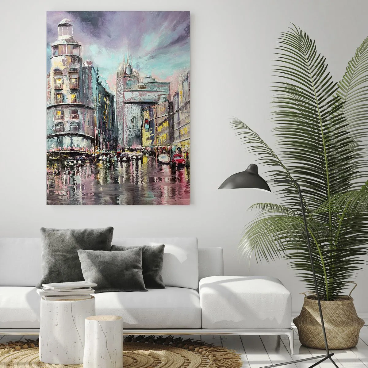 Quadro su vetro - Vista serale della città con riflessi sulla strada bagnata - 80x120cm - Sarà una serata riuscita - Decorazione murale moderna per soggiorno e camera da letto ARTTOR