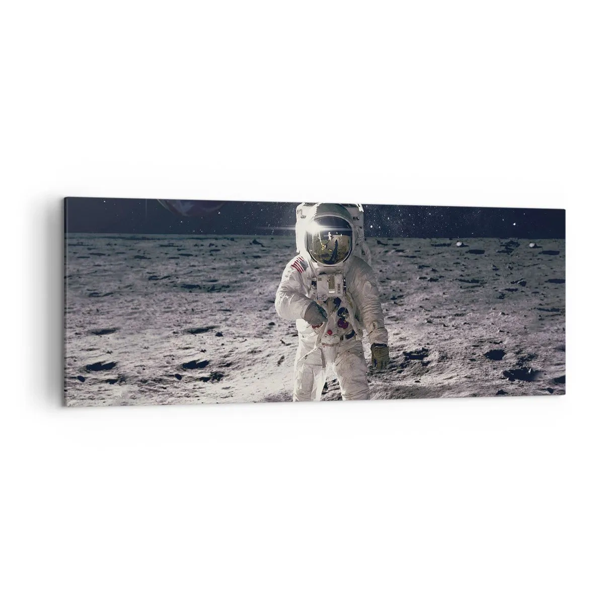 Quadro su tela - Stampe su Tela - Astronauta sulla superficie della Luna con la Terra sullo sfondo - 140x50cm - Saluti dalla luna - Decorazione murale moderna per soggiorno e camera da letto ARTTOR