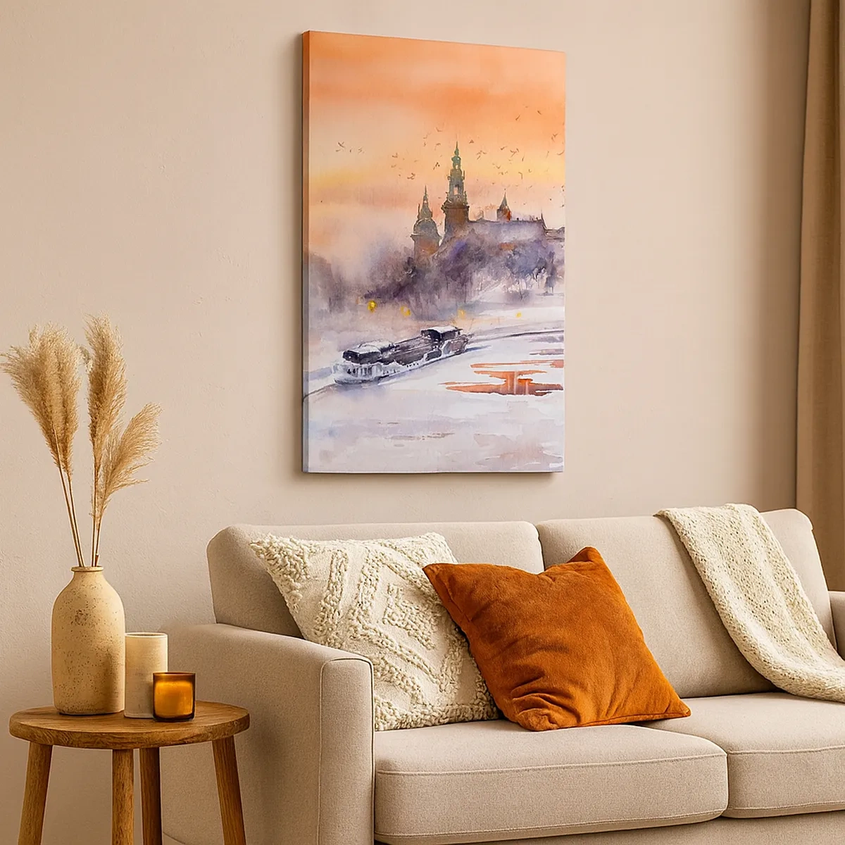Quadro su tela - Stampe su Tela - Tramonto sul castello in uno scenario invernale - 50x70cm - Tramonto reale - Decorazione murale moderna per soggiorno e camera da letto ARTTOR