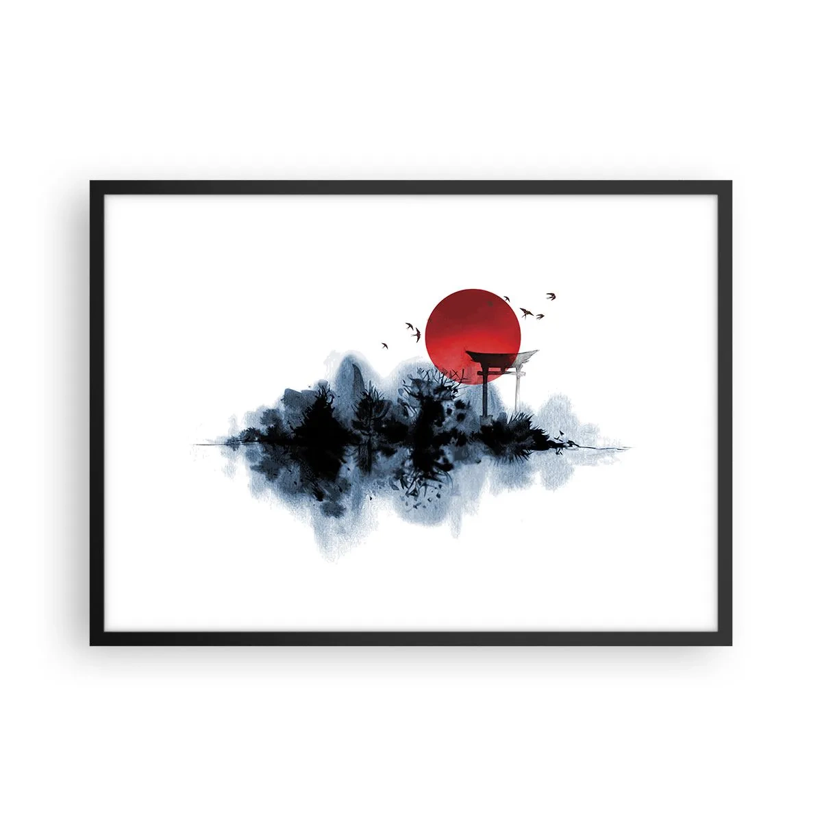 Poster in cornice nera - Sole rosso su un paesaggio pittoresco con torii - 70x50cm - Vista giapponese - Decorazione murale moderna per soggiorno e camera da letto ARTTOR