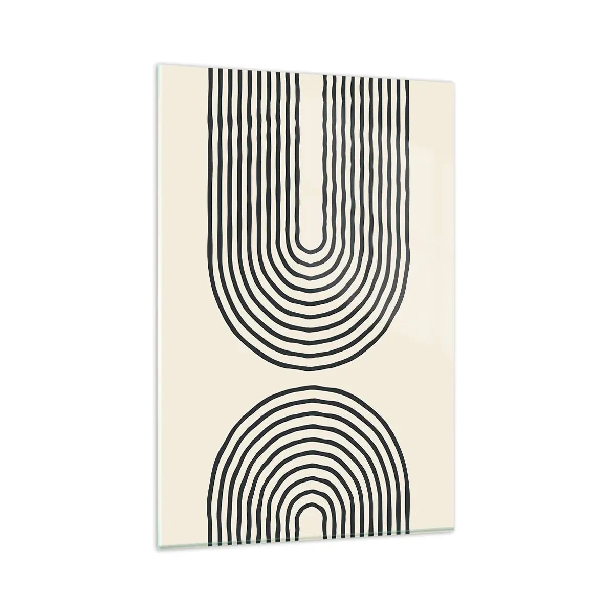 Quadro su vetro - Motivo geometrico astratto con linee simmetriche su sfondo chiaro - 80x120cm - Tra un attimo... - Decorazione murale moderna per soggiorno e camera da letto ARTTOR