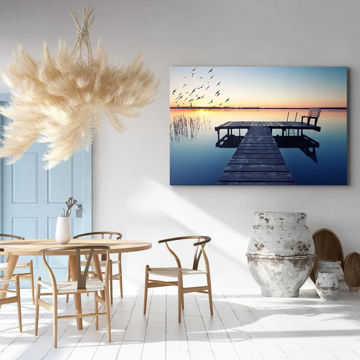 Quadro su tela - Stampe su Tela - Molo di legno su un lago all'alba con uccelli - 70x50cm - È stata una buona giornata - Decorazione murale moderna per soggiorno e camera da letto ARTTOR