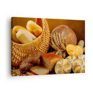 Quadro su tela - Stampe su Tela - Vari tipi di pane in un cestino di vimini su fondo oro - 70x50cm - Direttamente dal forno - Decorazione murale moderna per soggiorno e camera da letto ARTTOR