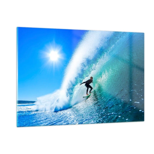 Quadro su vetro - Surfista su un'onda in una giornata di sole - 120x80cm - Attraverso il grande blu - Decorazione murale moderna per soggiorno e camera da letto ARTTOR