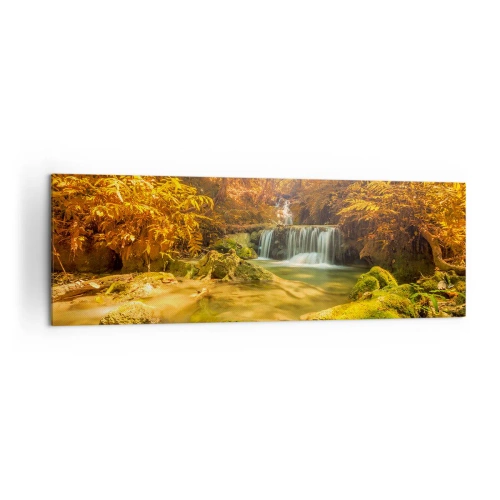 Quadro su tela - Stampe su Tela - Una cascata dorata in una foresta autunnale circondata dal verde - 160x50cm - Cascata boschiva in oro - Decorazione murale moderna per soggiorno e camera da letto ARTTOR