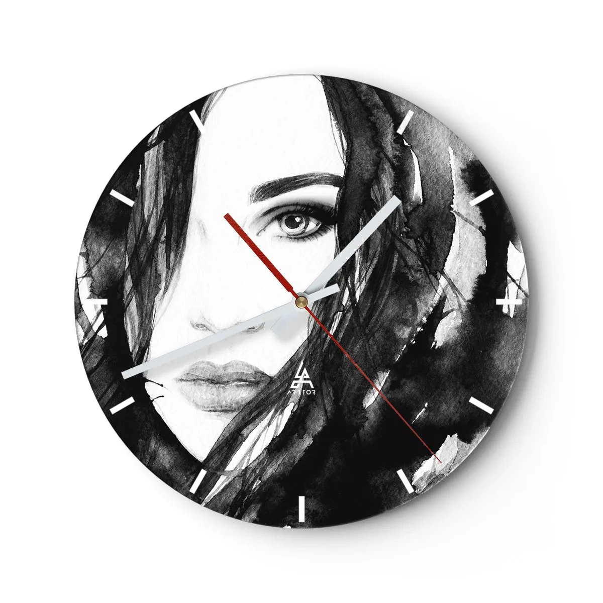 Orologio da parete - Orologio in Vetro - Ritratto di donna in bianco e nero con stile acquerello - 30x30cm - Ritratto di donna in bianco e nero - Decorazione murale moderna per soggiorno, cucina e camera da letto ARTTOR