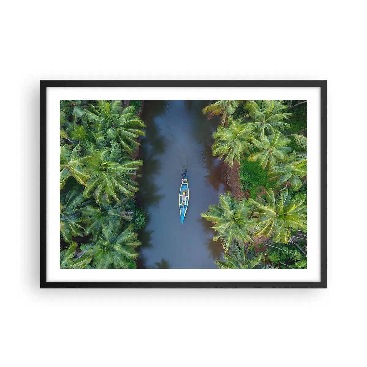 Poster in cornice nera - Vista a volo d'uccello di una barca su un fiume circondata da palme - 70x50cm - Sul percorso tropicale - Decorazione murale moderna per soggiorno e camera da letto ARTTOR