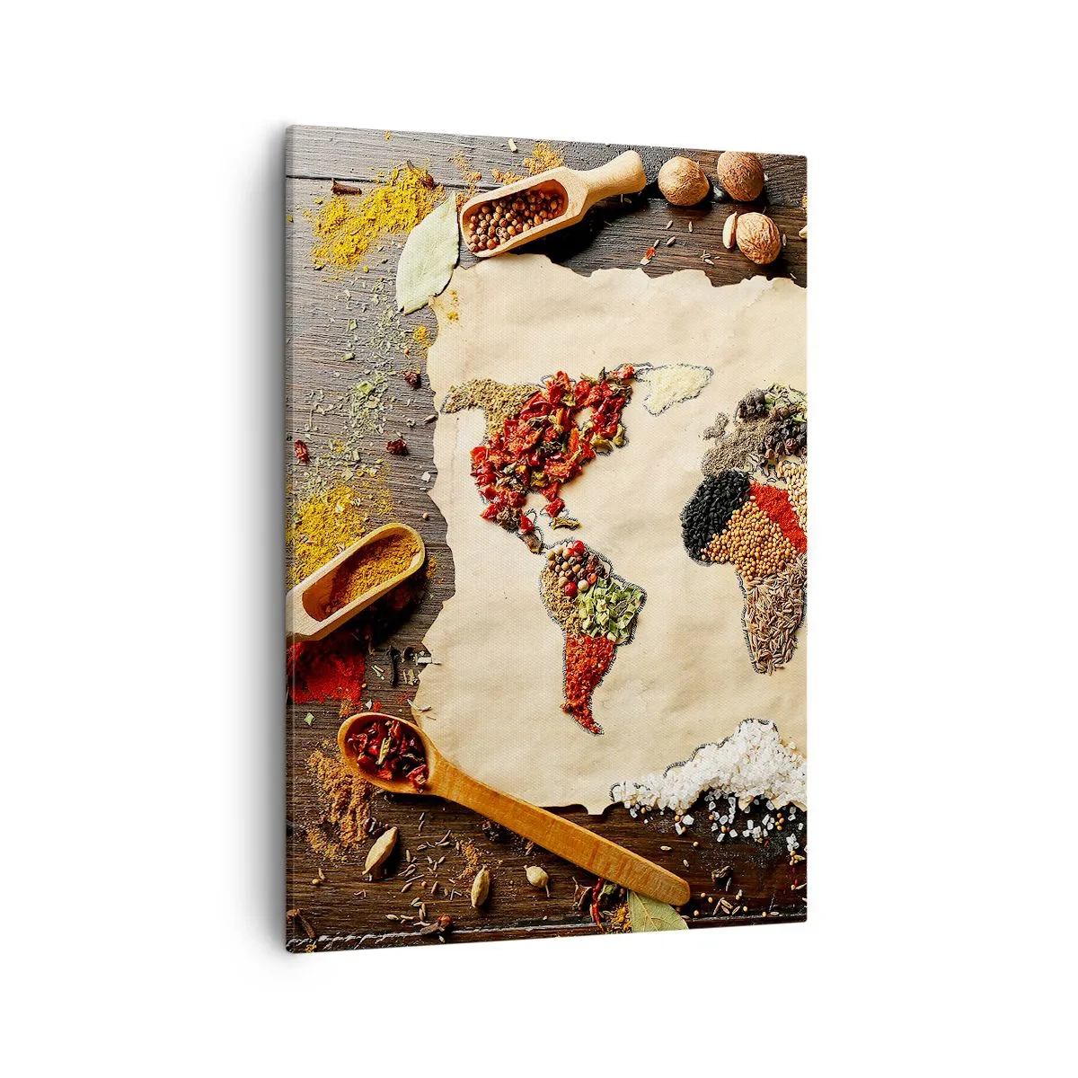 Quadro su tela - Stampe su Tela - Una mappa del mondo fatta di spezie su uno sfondo di legno. - 50x70cm - Tutti i gusti del mondo - Decorazione murale moderna per soggiorno e camera da letto ARTTOR