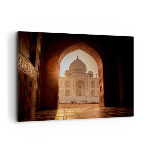 Quadro su tela - Stampe su Tela - Il Taj Mahal alla luce del sole visto dall'arco del cancello - 120x80cm - Monumento all'amore ultraterreno - Decorazione murale moderna per soggiorno e camera da letto ARTTOR