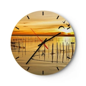 Orologio da parete - Orologio in Vetro - Tramonto sull'acqua con uccelli in volo - 30x30cm - Alla pesca - Decorazione murale moderna per soggiorno, cucina e camera da letto ARTTOR