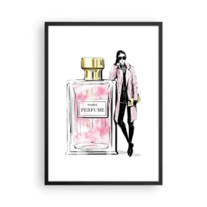 Poster in cornice nera - Un elegante flacone di profumo con la silhouette di una donna alla moda - 50x70cm - Sensualità parigina - Decorazione murale moderna per soggiorno e camera da letto ARTTOR