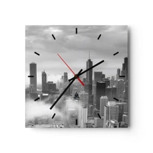 Orologio da parete - Orologio in Vetro - Panorama della città con grattacieli tra le nuvole in bianco e nero - 30x30cm - Paesaggio americano - Decorazione murale moderna per soggiorno e camera da letto ARTTOR