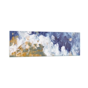 Quadro su vetro - Astrazione nei toni del blu, bianco e oro - 160x50cm - La danza degli elementi - Decorazione murale moderna per soggiorno e camera da letto ARTTOR