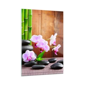 Quadro su vetro - Orchidee rosa, bambù e pietre nere contro una parete di legno - 50x70cm - Scopri i piaceri dell'oriente - Decorazione murale moderna per soggiorno e camera da letto ARTTOR