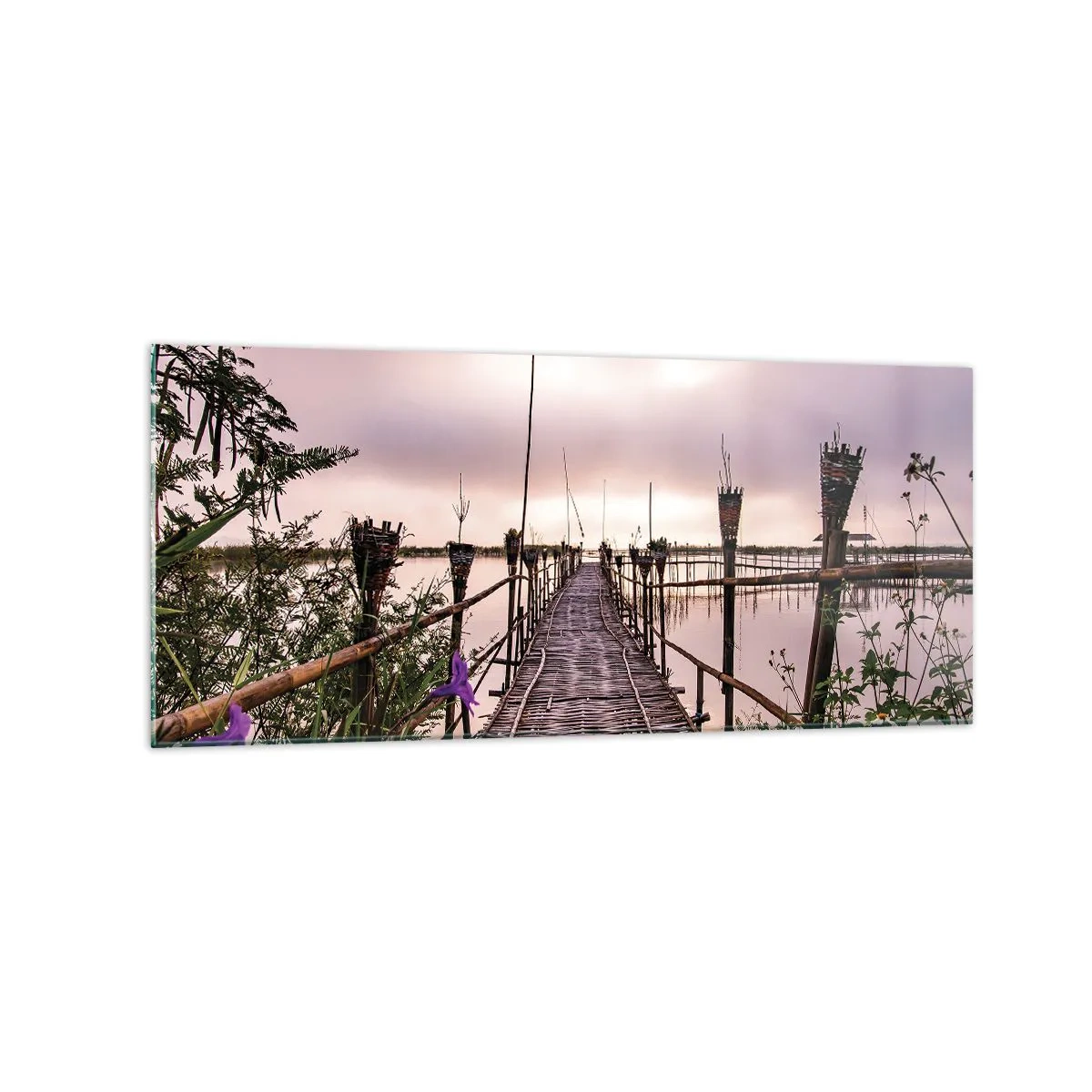 Quadro su vetro - Ponte di bambù sull'acqua all'alba - 120x50cm - Pace e silenzio dell'Asia - Decorazione murale moderna per soggiorno e camera da letto ARTTOR