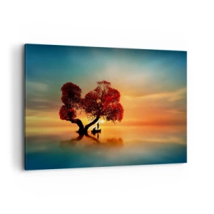 Quadro su tela - Stampe su Tela - Un albero dalle foglie rosse e una barca sull'acqua al tramonto - 100x70cm - Gli esiliati e il silenzio fuori dal mondo - Decorazione murale moderna per soggiorno e camera da letto ARTTOR