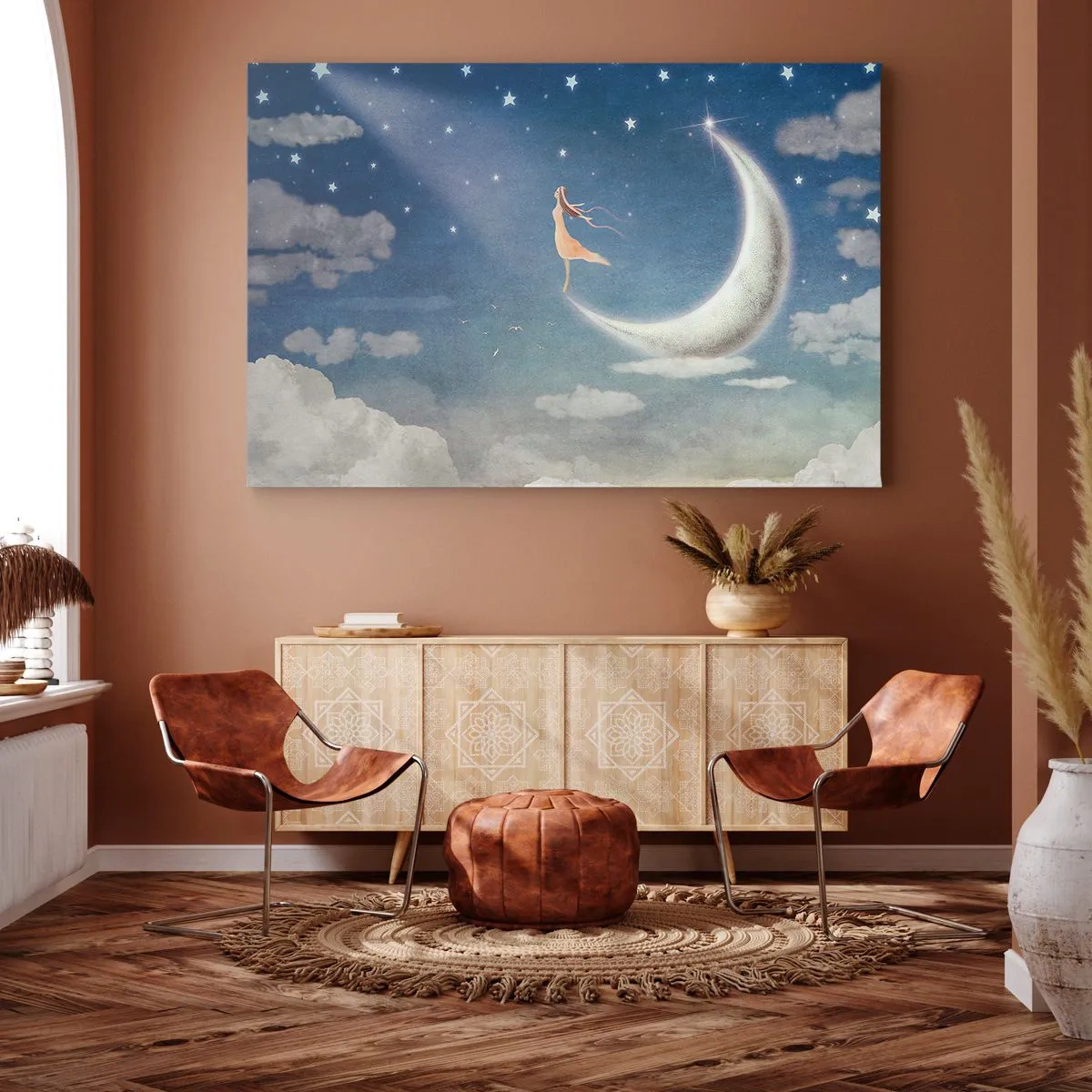 Quadro su tela - Stampe su Tela - Una donna sulla luna circondata da stelle e nuvole - 120x80cm - Seduttrice celeste - Decorazione murale moderna per soggiorno e camera da letto ARTTOR