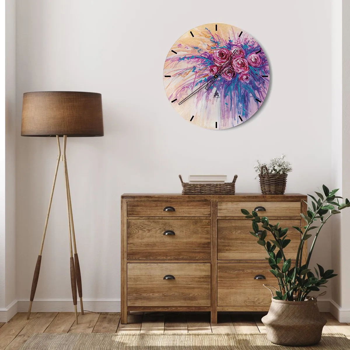Orologio da parete - Orologio in Vetro - Bouquet di rose astratte in stile artistico - 30x30cm - Fontana rosa - Decorazione murale moderna per soggiorno, cucina e camera da letto ARTTOR