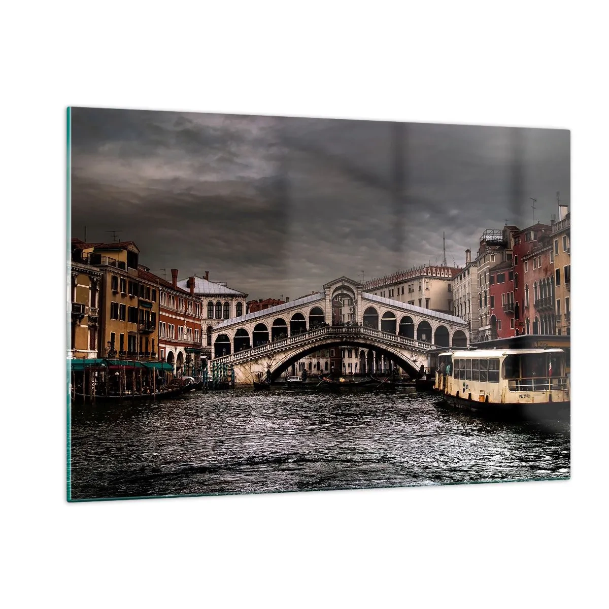 Quadro su vetro - Il Ponte di Rialto contro un cielo nuvoloso - 120x80cm - Promessa di una sera a Venezia - Decorazione murale moderna per soggiorno e camera da letto ARTTOR