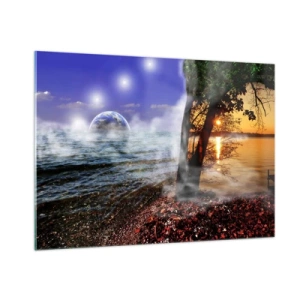Quadro su vetro - Un paesaggio fantastico con il mare e un pianeta - 100x70cm - Paesaggio surreale: unità della natura - Decorazione murale moderna per soggiorno e camera da letto ARTTOR