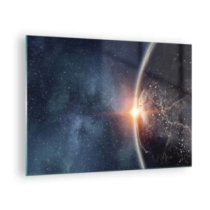 Quadro su vetro - La Terra illuminata dai raggi del sole nello spazio - 70x50cm - In una nuova prospettiva - Decorazione murale moderna per soggiorno e camera da letto ARTTOR