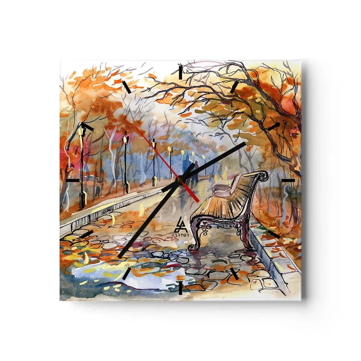 Orologio da parete - Orologio in Vetro - Un parco autunnale con una panchina in acquerello - 30x30cm - Passeggiando insieme l'autunno - Decorazione murale moderna per soggiorno e camera da letto ARTTOR
