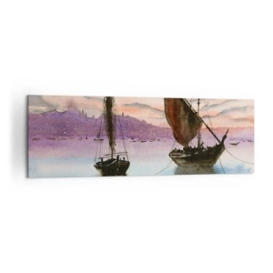 Quadro su tela - Stampe su Tela - Due velieri ormeggiati in acque calme al tramonto - 160x50cm - La sera nel porto - Decorazione murale moderna per soggiorno e camera da letto ARTTOR