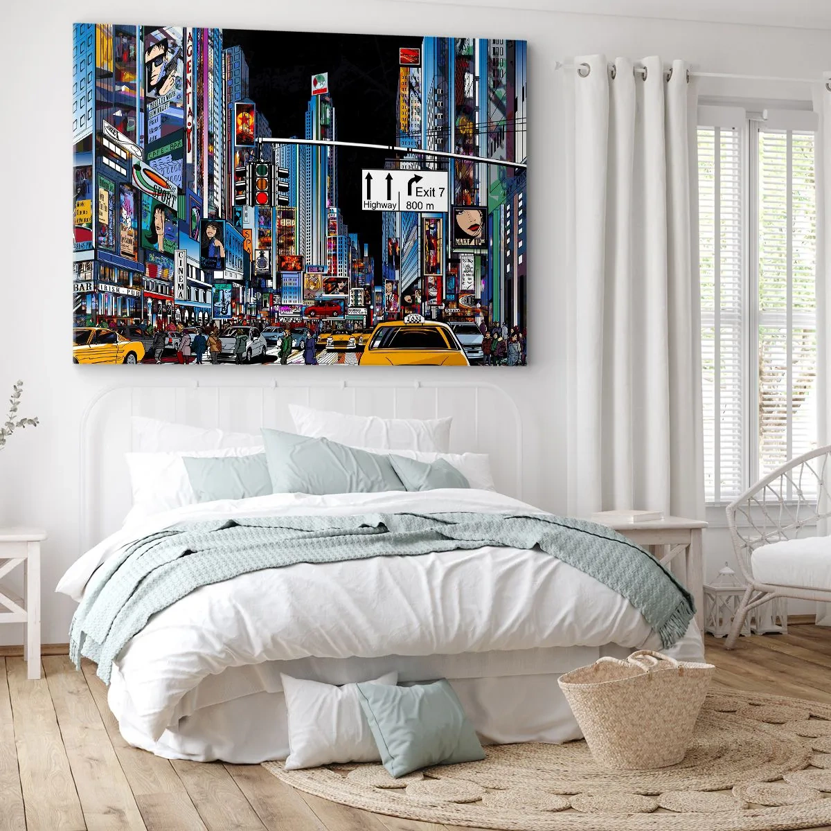 Quadro su tela - Stampe su Tela - Una città vivace con pubblicità colorate e taxi gialli - 70x50cm - La grande notte dei fumetti - Decorazione murale moderna per soggiorno e camera da letto ARTTOR