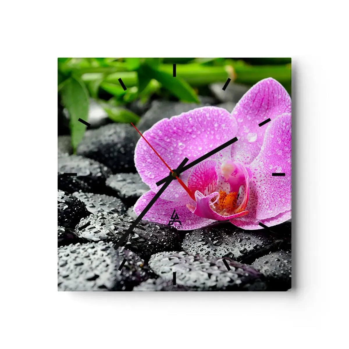 Orologio da parete - Orologio in Vetro - Orchidea rosa su pietre nere bagnate con foglie verdi - 30x30cm - Come un cuore aperto - Decorazione murale moderna per soggiorno e camera da letto ARTTOR