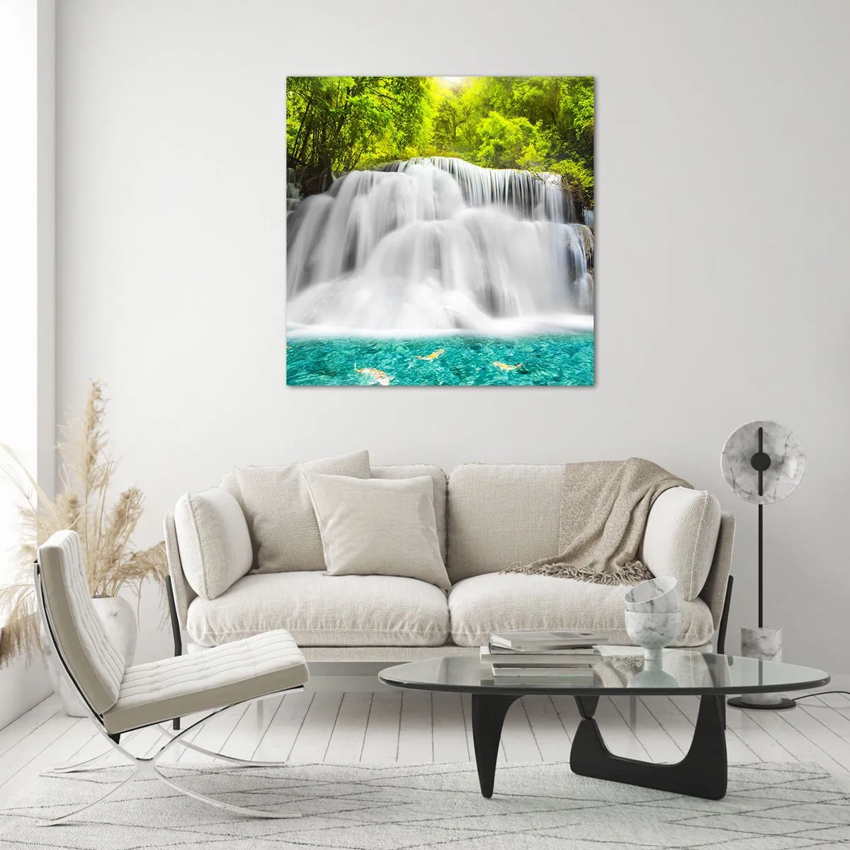 Quadro su vetro - Cascata spumeggiante dal verde all'azzurro - 70x70 cm