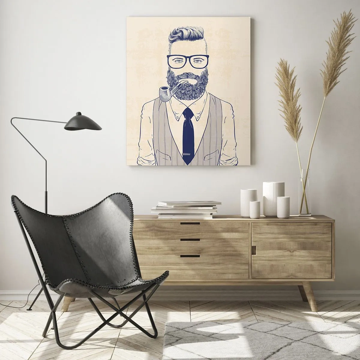 Quadro su vetro - Un uomo stilizzato con barba, occhiali e pipa su uno sfondo chiaro. - 50x70cm - Allegro, maschile e alla moda - Decorazione murale moderna per soggiorno e camera da letto ARTTOR