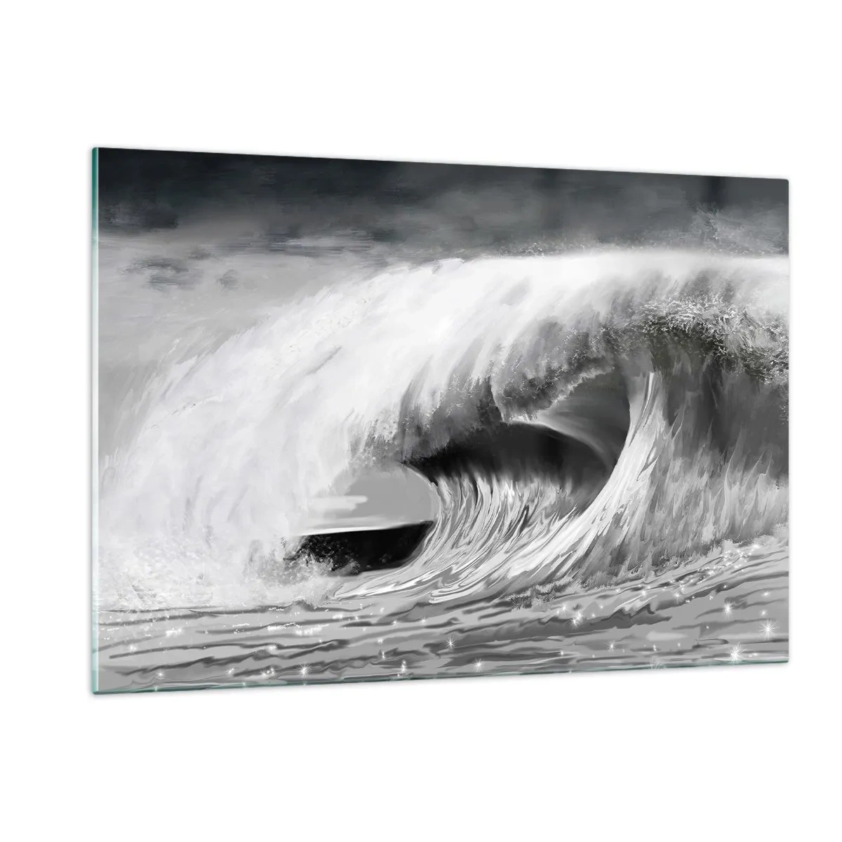 Quadro su vetro - Un'onda potente catturata in un'estetica in bianco e nero - 120x80cm - La furia dell'oceano - Decorazione murale moderna per soggiorno e camera da letto ARTTOR