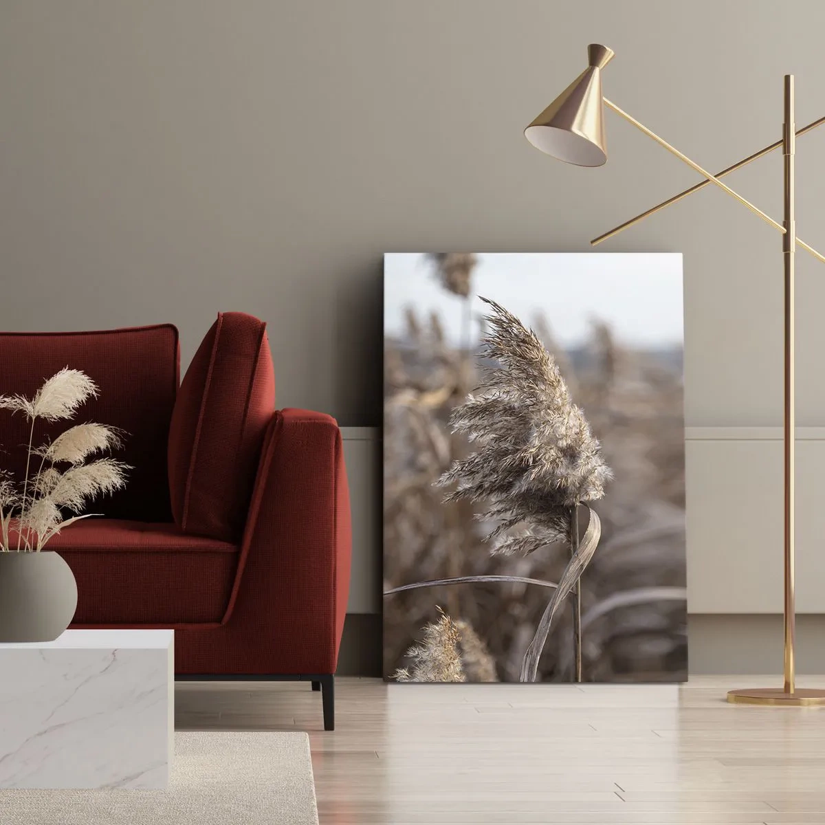 Quadro su tela - Stampe su Tela - Delicate erbe nelle tonalità del beige sullo sfondo della natura - 50x70cm - è tempo di volare col vento - Decorazione murale moderna per soggiorno e camera da letto ARTTOR