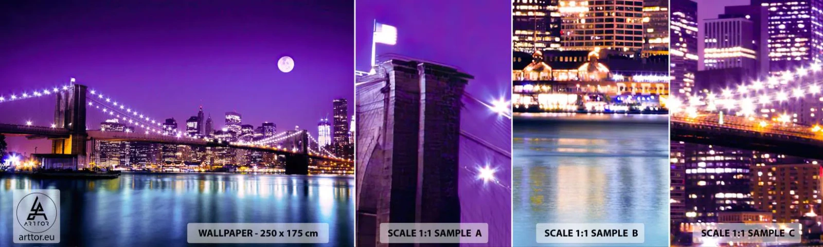 Campione Di Fotomurale Standard Eco - Luce della grande città in viola - Città, New York, ponte di Brooklyn - 100x30 cm
