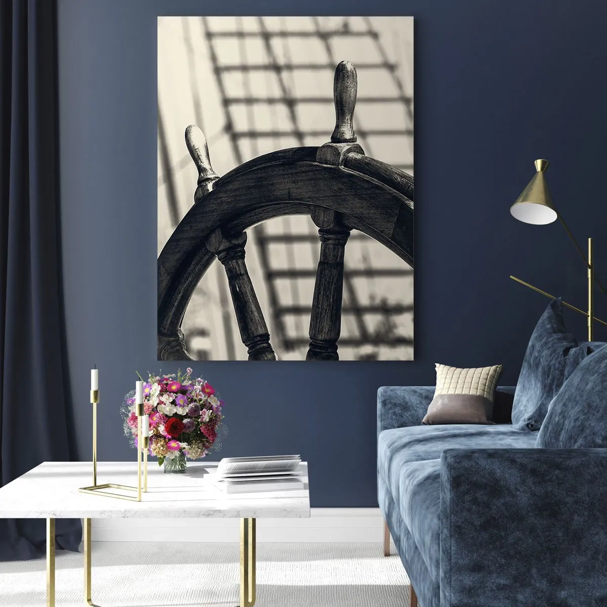 Quadro su vetro - Timone nautico bianco e nero - 50x70cm - Racconti del mare - Decorazione murale moderna per soggiorno e camera da letto ARTTOR