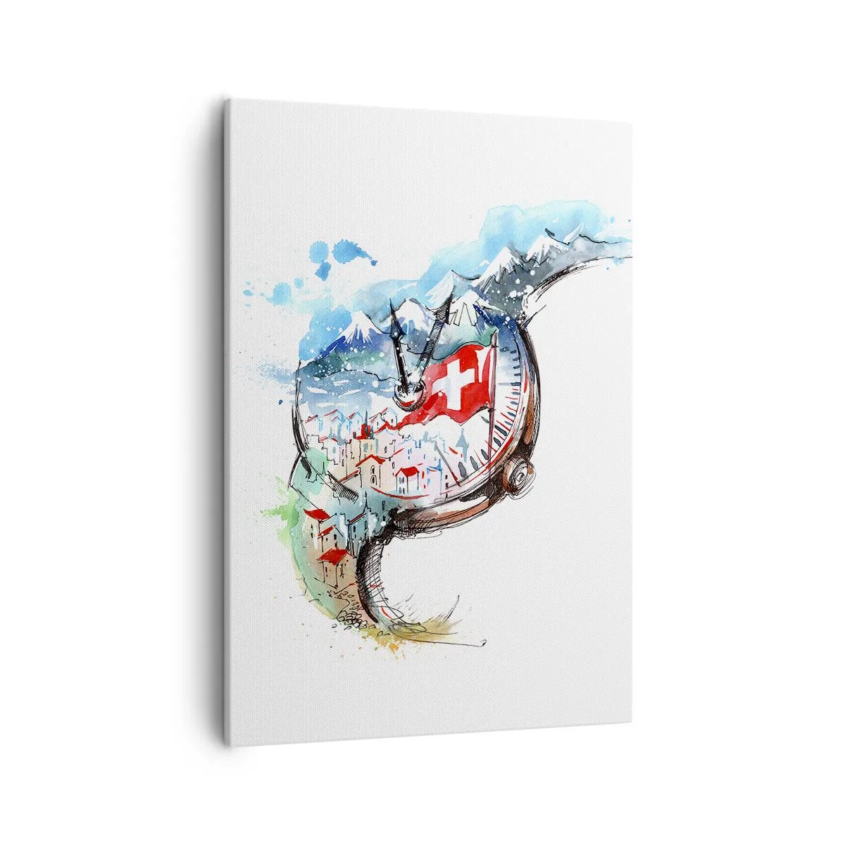 Quadro su tela - Stampe su Tela - Un paesaggio ad acquerello della Svizzera in un design a orologeria - 50x70cm - Lo spirito della Svizzera - Decorazione murale moderna per soggiorno e camera da letto ARTTOR