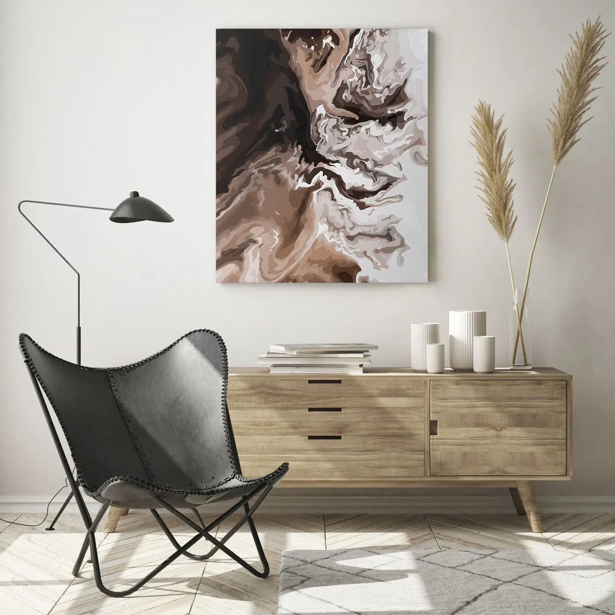 Quadro su vetro - Astrazione nei toni del marrone con linee dinamiche - 80x120cm - Contrasto di colori - Decorazione murale moderna per soggiorno e camera da letto ARTTOR