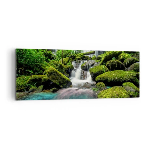 Quadro su tela - Stampe su Tela - Una cascata tropicale circondata dal verde e dall'acqua turchese - 140x50cm - Turchese, zaffiro e argento liquido - Decorazione murale moderna per soggiorno e camera da letto ARTTOR