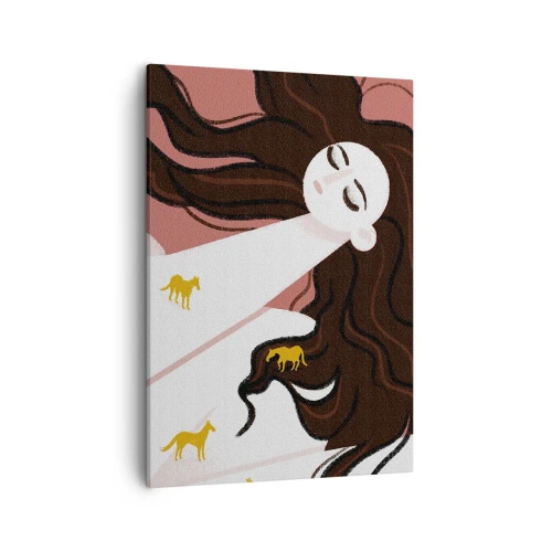 Quadro su tela - Stampe su Tela - Una figura con gli occhi chiusi circondata da cavalli dorati - 50x70cm - Il sogno del cavallo d'oro - Decorazione murale moderna per soggiorno e camera da letto ARTTOR