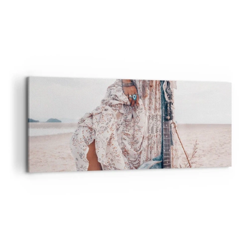 Quadro su tela - Stampe su Tela - Donna in stile boho con chitarra sulla spiaggia - 120x50cm - Figli dei fiori in cammino - Decorazione murale moderna per soggiorno e camera da letto ARTTOR
