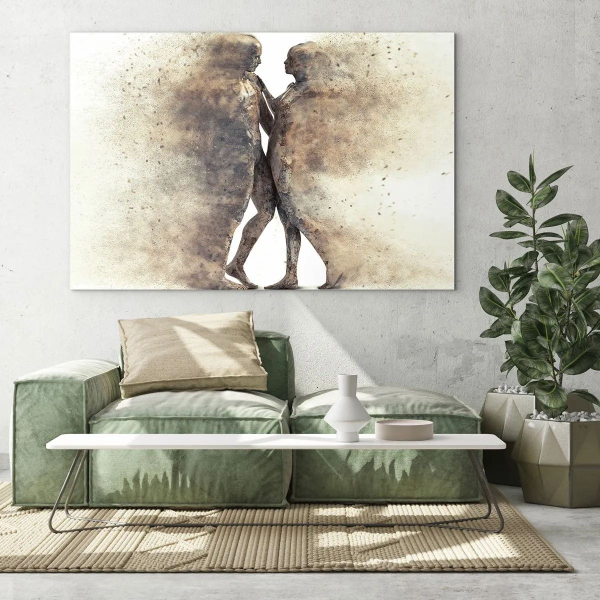 Quadro su vetro - Silhouette astratte di due figure in stile polveroso - 120x80cm - Nati dalla polvere, per amare - Decorazione murale moderna per soggiorno e camera da letto ARTTOR