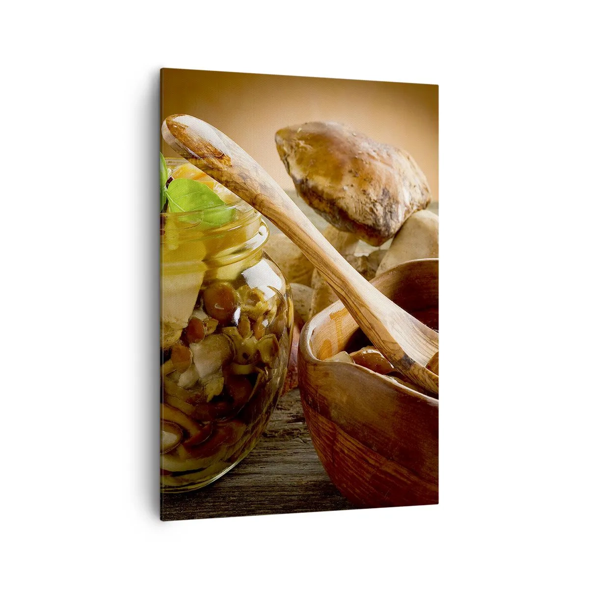 Quadro su tela - Stampe su Tela - Funghi naturali in un barattolo su un tavolo rustico - 70x100cm - Freschi, conservati, autunnali... - Decorazione murale moderna per soggiorno e camera da letto ARTTOR